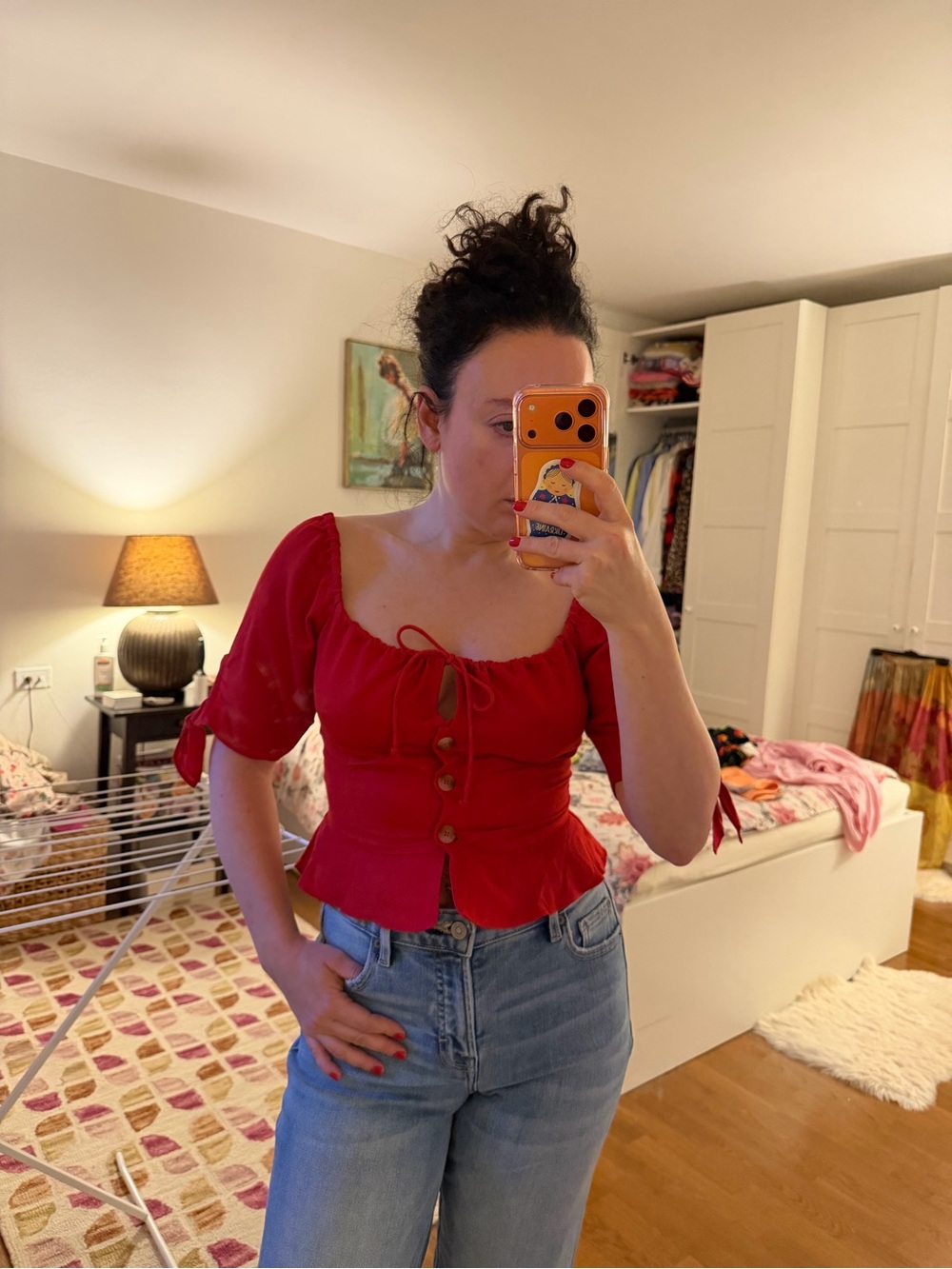 Red Carter Puff-Sleeve Button Front lenen Top